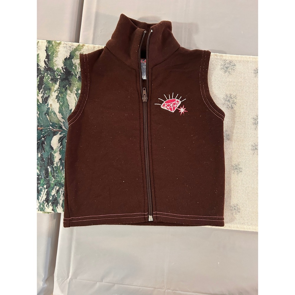 Basic Editions Toddler Girls Brown Fleece Diamond Zip Up Vest 18M